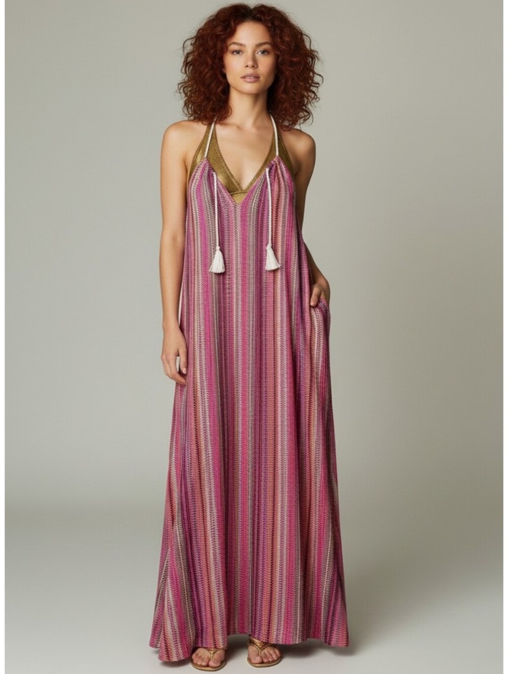 Boho Sunset Striped Maxi Dress Cover-Up | Flowy Beachwear | L | Like New